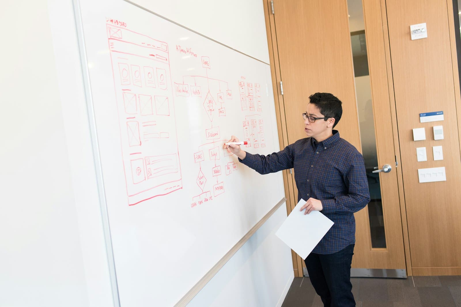 A man sketching a diagram on a whiteboard while explaining an idea